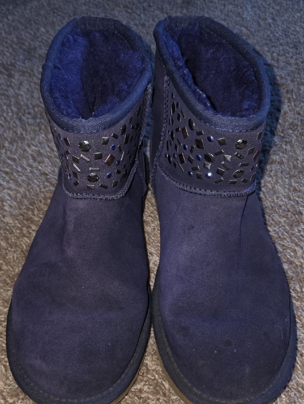 UGG Navy Suede Short Booties with Cutout Gem Cuff